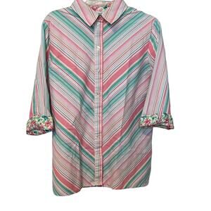 ALIA LONG SLEEVE BUTTON BLOUSE, WOMENS, 10, PINK BLUE GREEN WHITE V-STRIPES